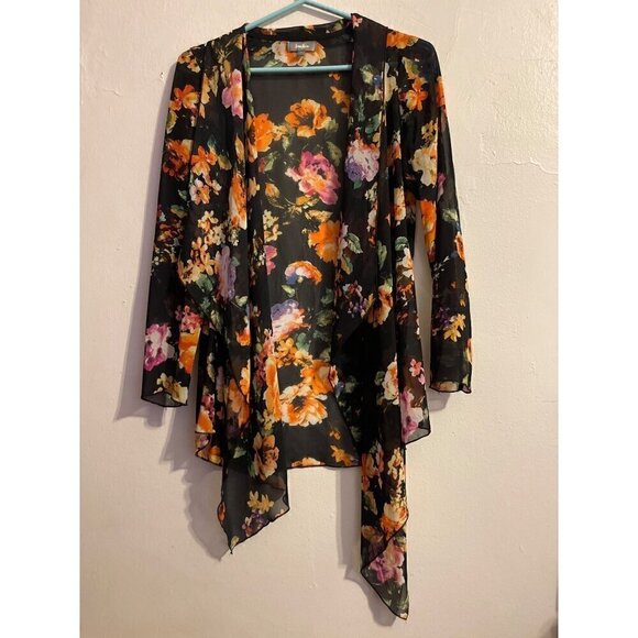 Neiman Marcus Black Floral Sheer Boho Festival Kimono Size Small XS - Picture 1 of 11